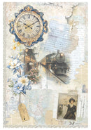 Vintage-style collage with clock, flowers, and train on textured background