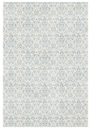 Patterned rug with blue and gray design on a white background