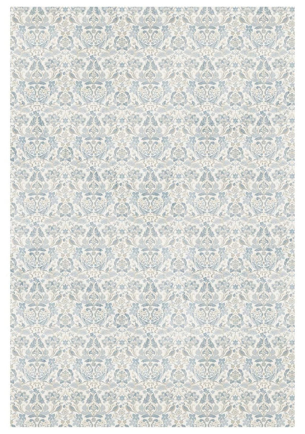 Patterned rug with blue and gray design on a white background