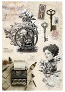 Collage of vintage elements including a typewriter, keys, and a woman's portrait on a textured background.