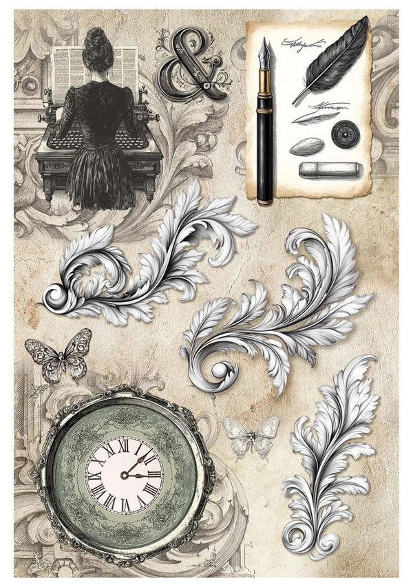 Decorative design with clock, butterfly, and ornate elements on a textured background
