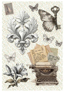 Decorative collage with vintage typewriter, butterflies, and floral elements on a textured background.