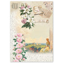 Vintage-style paper with floral design and scenic landscape