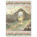 Illustration of a stone archway in a garden with flowers and butterflies
