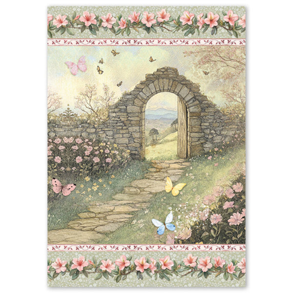 Illustration of a stone archway in a garden with flowers and butterflies