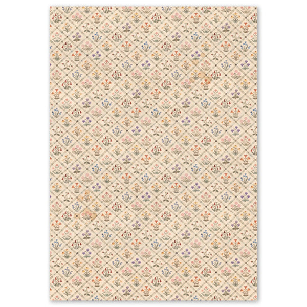 Patterned paper with small floral and geometric design on a white background