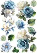 Collection of blue and white flowers with green leaves on a white background
