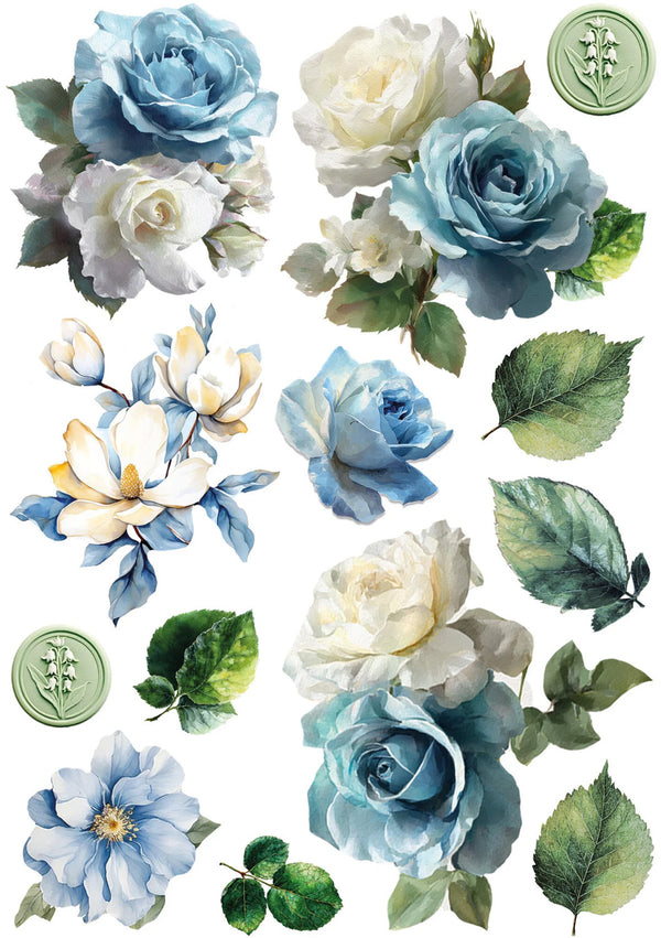 Collection of blue and white flowers with green leaves on a white background