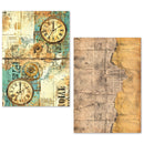 Two decorative panels with vintage clock design and newspaper texture on a white background.