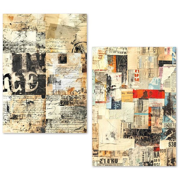 Two artistic collage prints with text and graphics on a white background