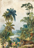 Jungle scene with a leopard, palm trees, and flowers on a textured background
