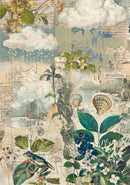 Collage of nature elements including plants, flowers, and a frog on a textured background.