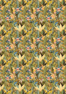 Tropical leaf and flower pattern with green, yellow, and pink colors.