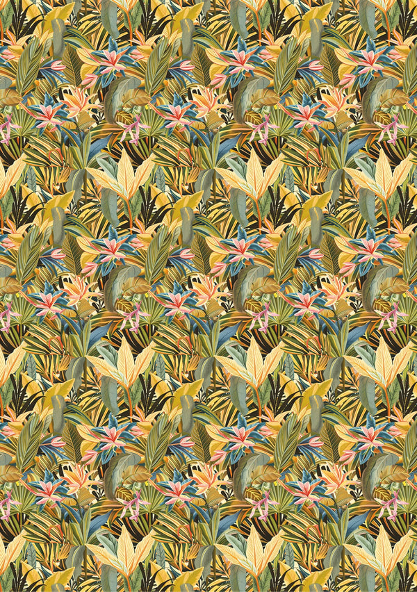 Tropical leaf and flower pattern with green, yellow, and pink colors.