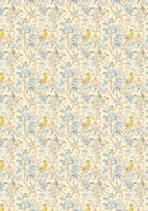 Patterned wallpaper with birds and flowers on a beige background