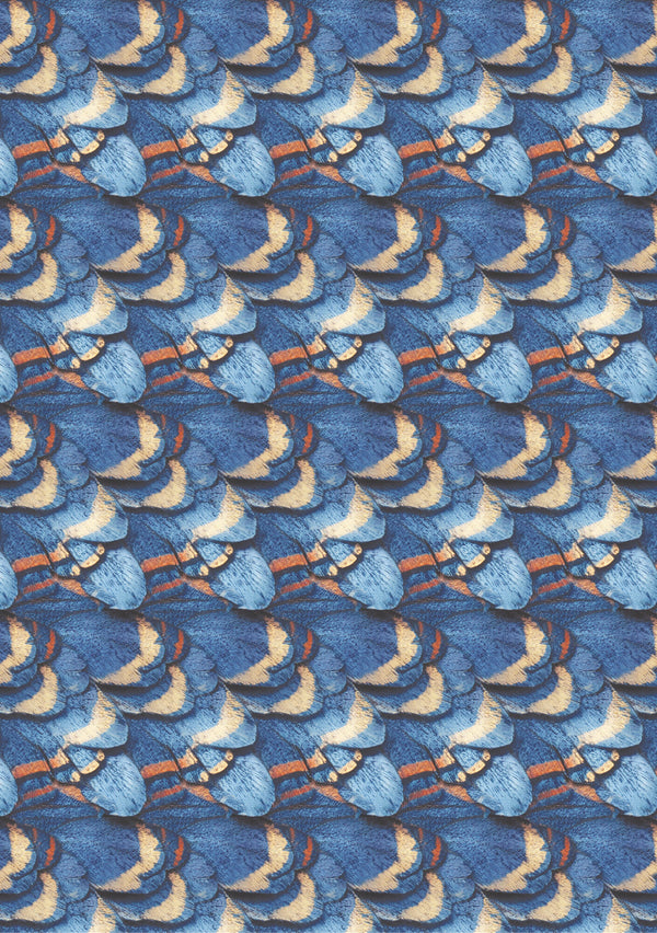 Patterned fabric with blue, orange, and beige design on a blue background