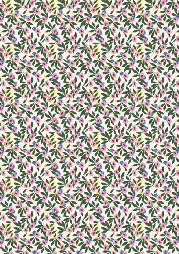 Floral pattern with pink flowers and green leaves on a white background