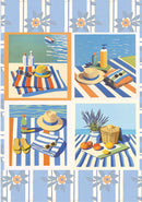 Illustrated scene of a beach picnic with striped tablecloths, sun hats, and beach items on a blue and white striped background.