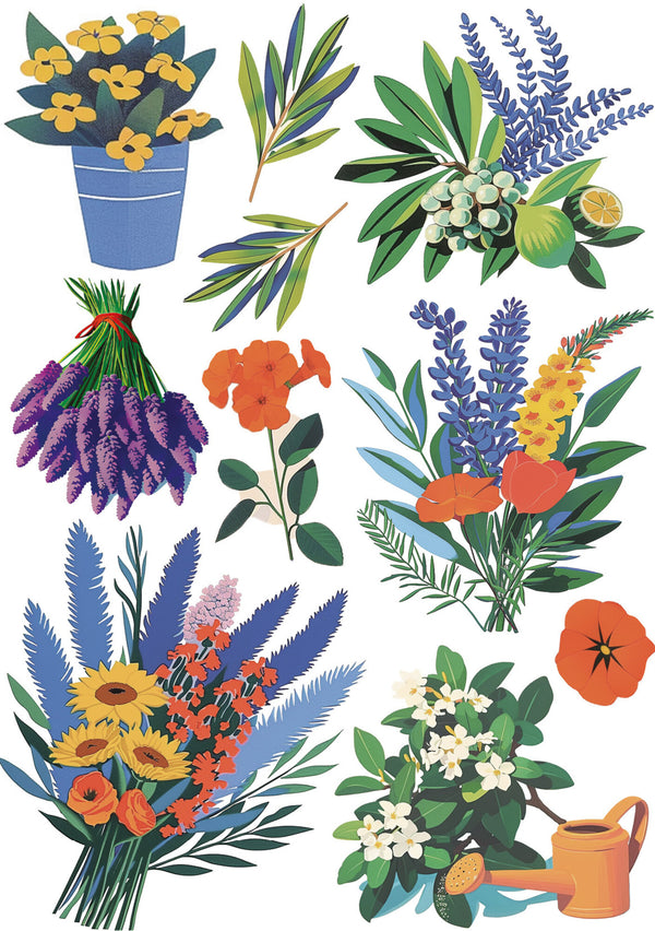 Collection of colorful floral illustrations including flowers, leaves, and a watering can.