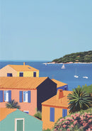 Colorful coastal scene with houses, ocean, and sailboats.