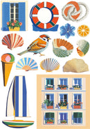 Set of decorative illustrations including a sailboat, buildings with flowers, shells, and other elements.