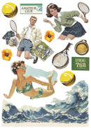 Vintage-style illustration of people playing tennis with tennis balls and rackets.