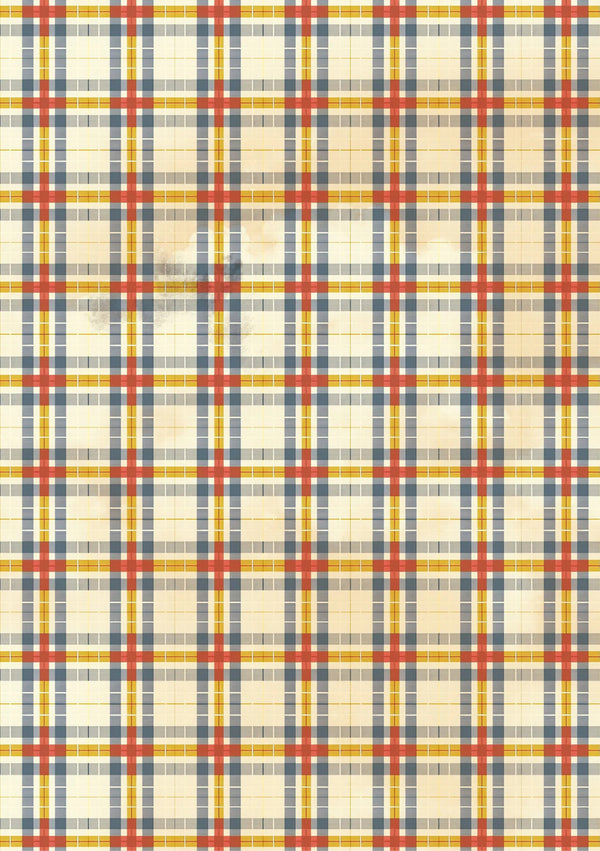 Plaid pattern with red, blue, and yellow on a beige background