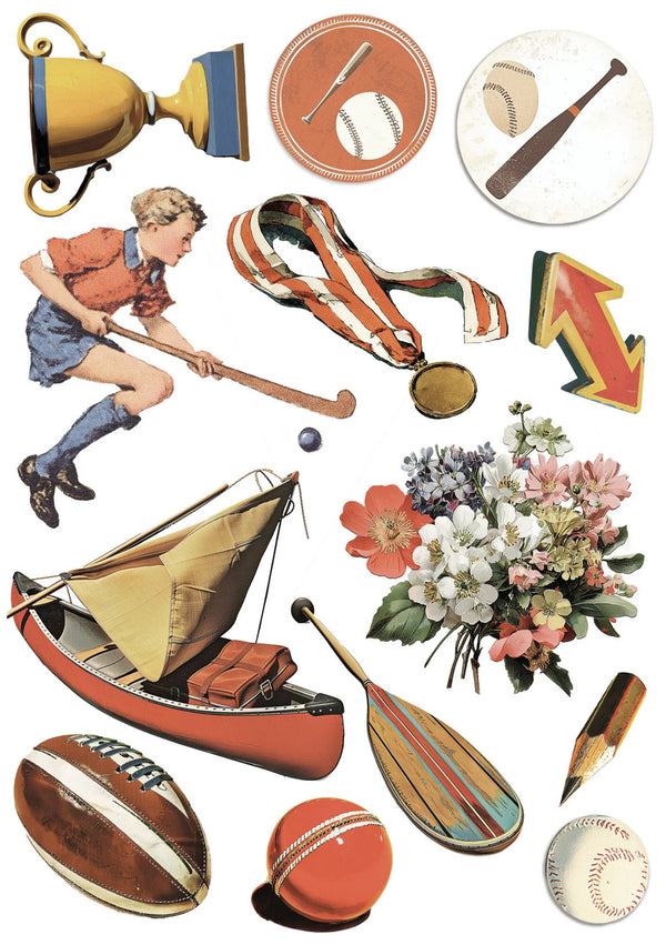 Collection of vintage-style sports and leisure items including a trophy, baseball, canoe, and flowers.