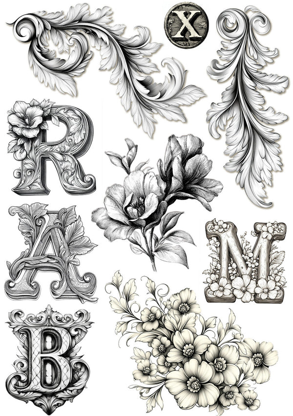 Decorative black and white letters and floral designs on a white background