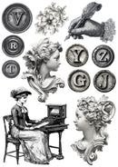 Vintage-style illustration with a woman at a typewriter, decorative elements, and letter stamps.
