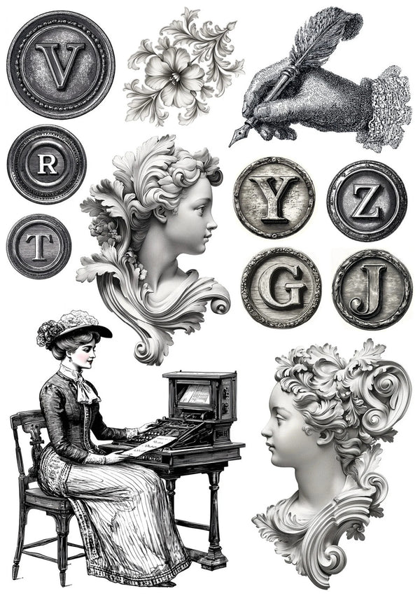 Vintage-style illustration with a woman at a typewriter, decorative elements, and letter stamps.