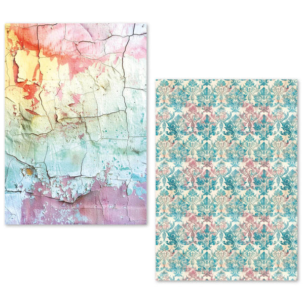Two decorative paper designs, one abstract and one floral, on a white background.