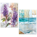 Two artistic paintings side by side, one with purple flowers and the other with a beach scene.