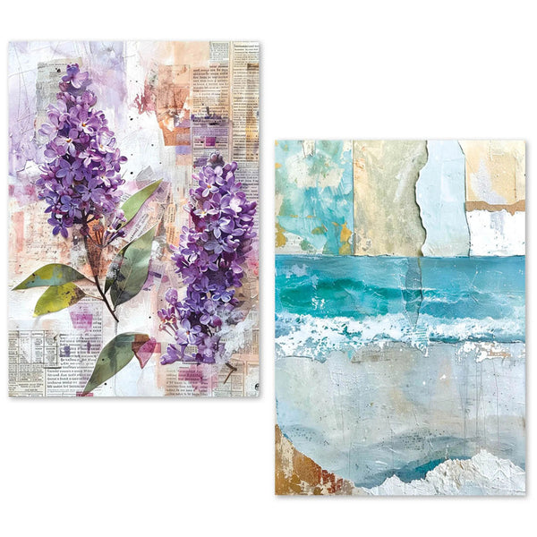 Two artistic paintings side by side, one with purple flowers and the other with a beach scene.