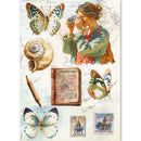 Collage of a woman taking a photo, butterflies, a passport, and stamps on a textured background.