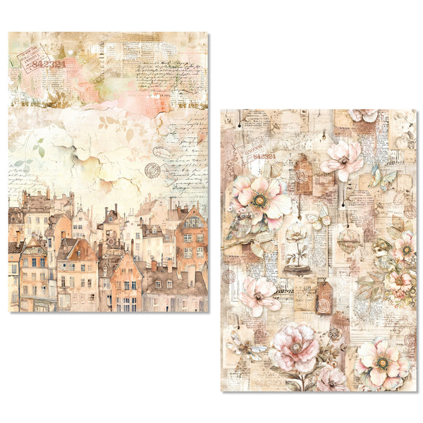 Two sheets of decorative paper with floral and cityscape designs on a white background.