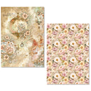 Two floral-themed paper sheets with intricate designs on a white background.