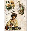 Collage of a woman playing guitar, saxophone, and flowers with music sheets on a textured background