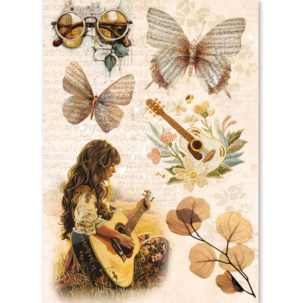 Illustration of a woman playing guitar with butterflies, sunglasses, and flowers on a textured background.