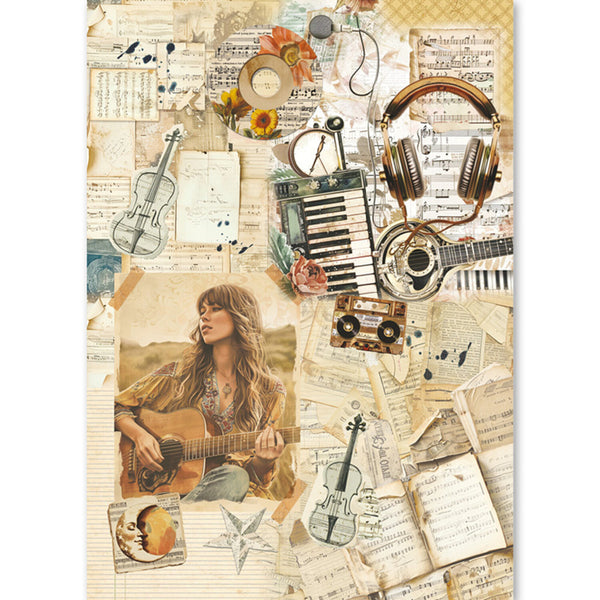 Collage of musical instruments and a person playing guitar on a textured background.