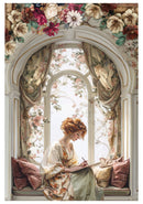 Woman in a decorative room with floral arches and window, sitting on a couch with pillows.