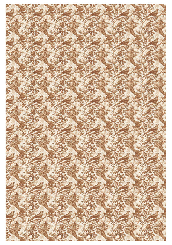 Patterned paper with birds and floral designs in brown on a beige background