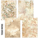 Collection of vintage-themed tissue papers with floral and clock designs.