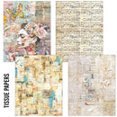 Collage of various textured tissue papers with artistic designs and patterns.