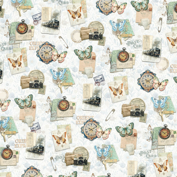 Vintage-style collage with clocks, butterflies, and postcards on a white background