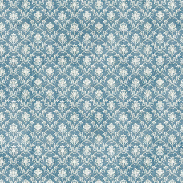 Patterned fabric with white floral design on a blue background