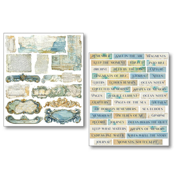 Two sheets of decorative paper with vintage-style designs on a white background