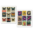 Two sets of vintage-style postage stamps with butterflies and nature-themed designs on a white background.