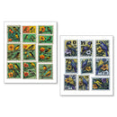 Collection of vintage postage stamps featuring birds and flowers on a white background