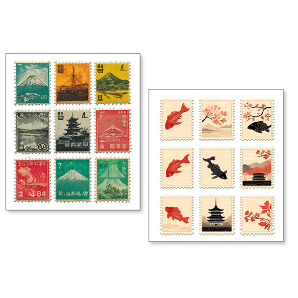 Set of illustrated stamps with various designs on a white background